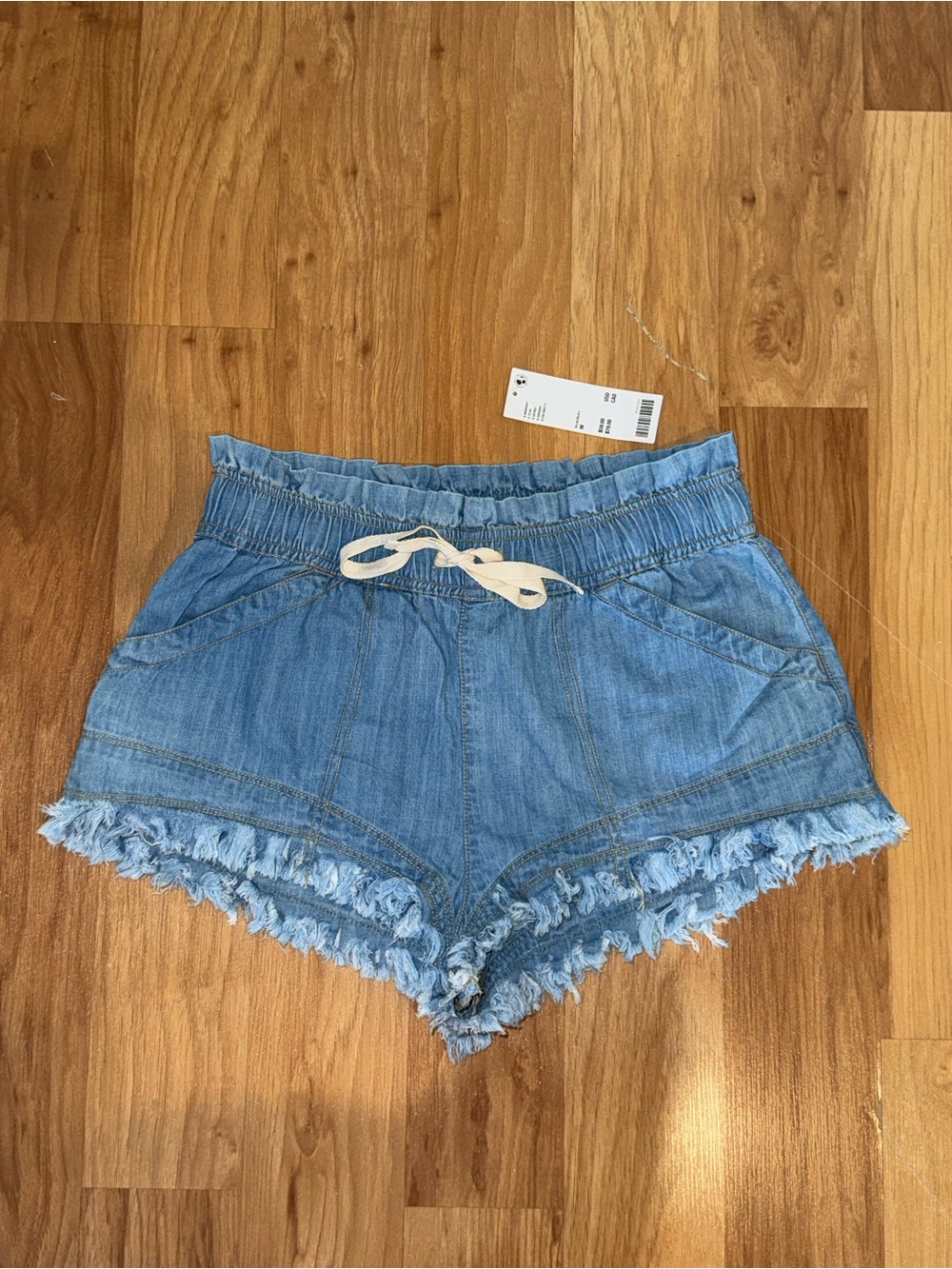BDG Light Blue Denim Frayed Hem Drawstring Shorts